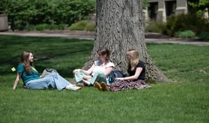 Students lay on the grass in front of an oak tree.